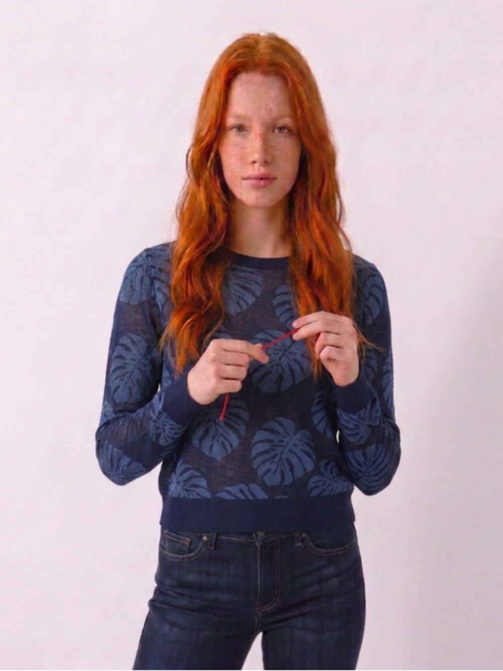 Zara Knit Navy Blue Leaf-Print Crewneck Sweater Fits Like a Small